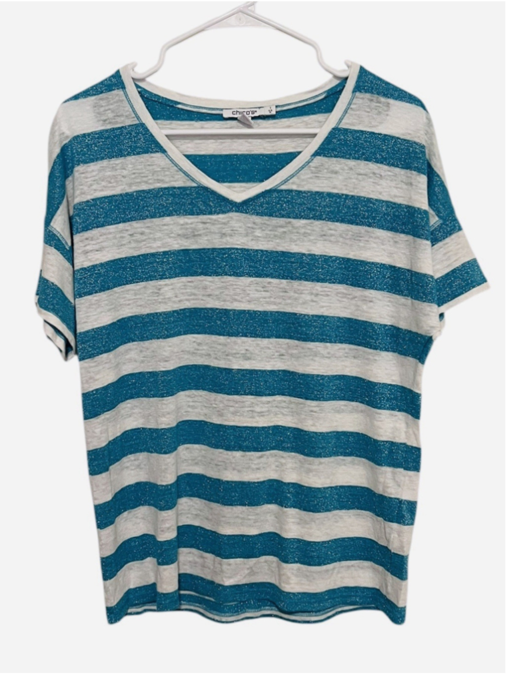 Chico Metallic Striped Linen Tee Women’s Medium 1 Teal Blue White Relaxed Top